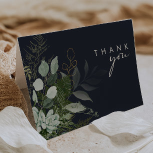 Greenery and Gold Leaf Script   Dark Navy Thank You Card