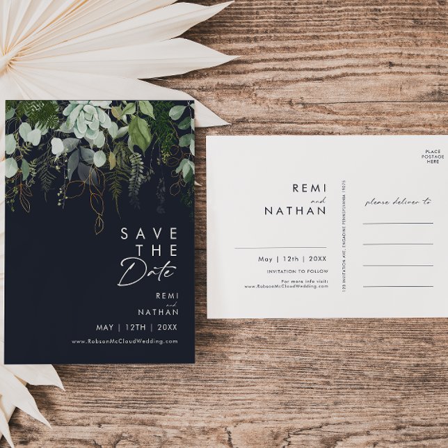 Greenery and Gold leaf Script Navy Save The Date Invitation Postcard (Creator Uploaded)
