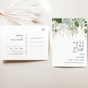 Greenery and Gold leaf Script Save The Date Invitation Postcard