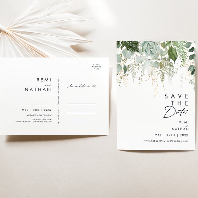 Greenery and Gold leaf Script Save The Date Invitation Postcard (Creator Uploaded)