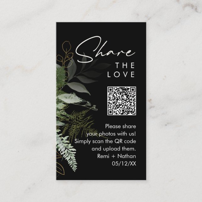Greenery and Gold Leaf | Share Your Photos QR Code Place Card (Front)