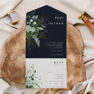 Greenery and Gold Leaf Simple Navy Seal and Send All In One Invitation