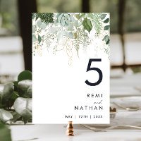 Greenery and Gold Leaf Table Number