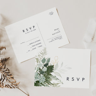 Greenery and Gold Leaf Wedding RSVP Postcard
