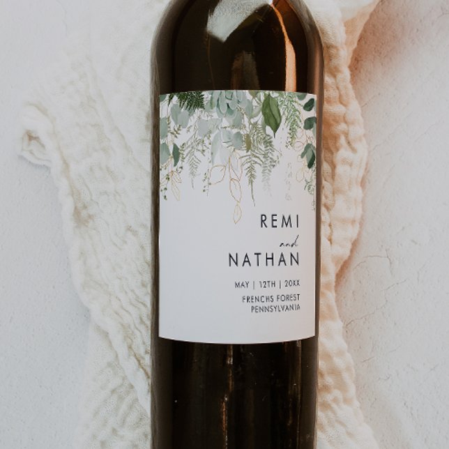 Greenery and Gold Leaf Wedding Wine Label (Creator Uploaded)