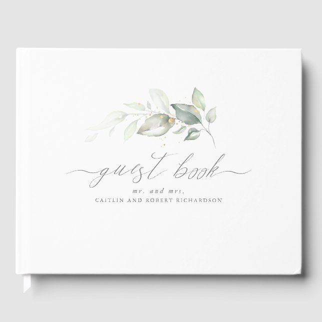 Greenery and Gold Leaves Wedding Guest Book (Front)