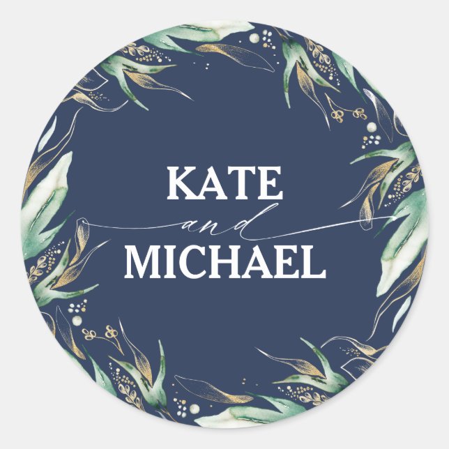 Greenery and Gold Leaves Wreath Navy Blue Wedding Classic Round Sticker (Front)