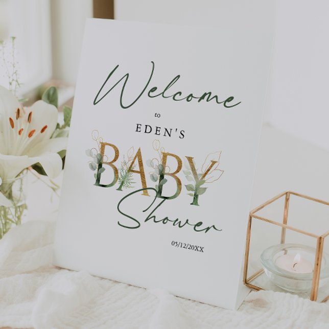 Greenery and Gold Lettering Baby Shower Welcome Pedestal Sign (Creator Uploaded)