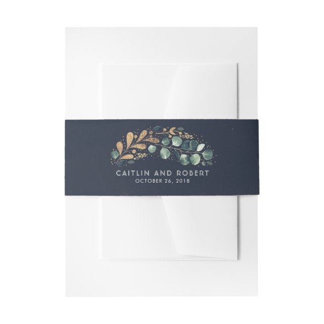 Greenery and Gold Navy Blue Wedding Invitation Belly Band (Front Example)