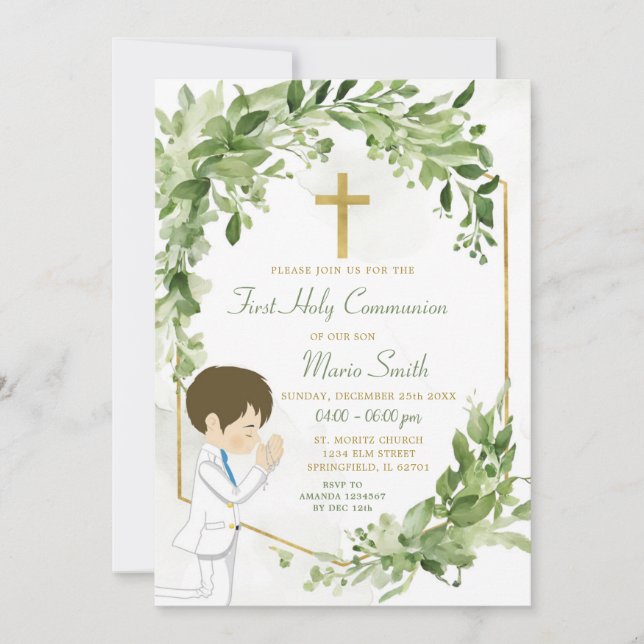 Greenery and Gold Praying Boy First Holy Communion Invitation (Front)