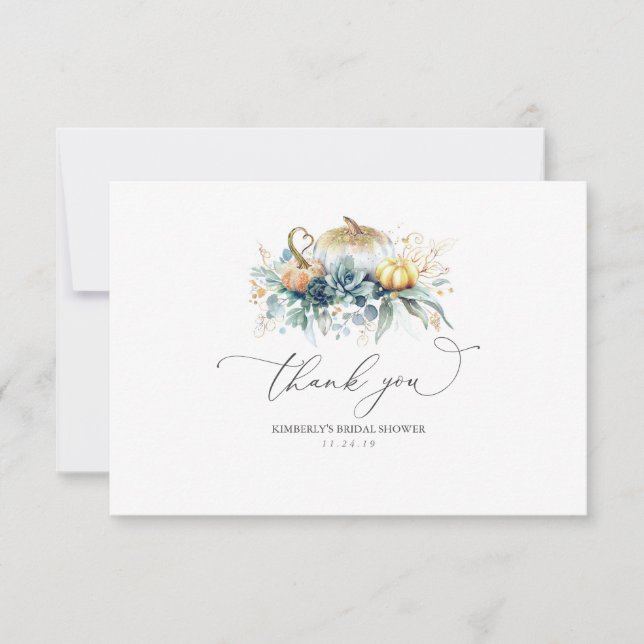 Greenery and Gold Pumpkins Bridal Shower Thank You Card (Front)