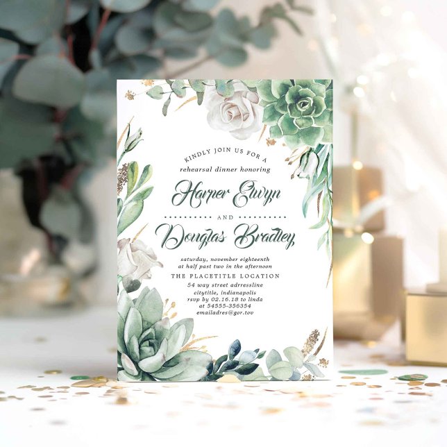 Greenery and Gold | Rustic Garden Rehearsal Dinner Invitation (Succulents and White Flowers Elegant Rehearsal Dinner Invitations)