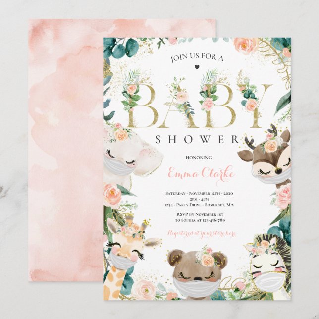 Greenery And Gold Safari Animals Baby Shower Invitation (Front/Back)