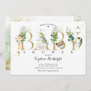 Greenery And Gold Safari Animals Baby Shower Invitation