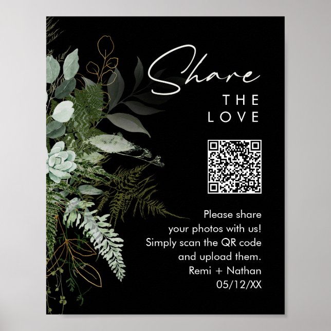 Greenery and Gold | Share Your Photos QR Code Sign (Front)