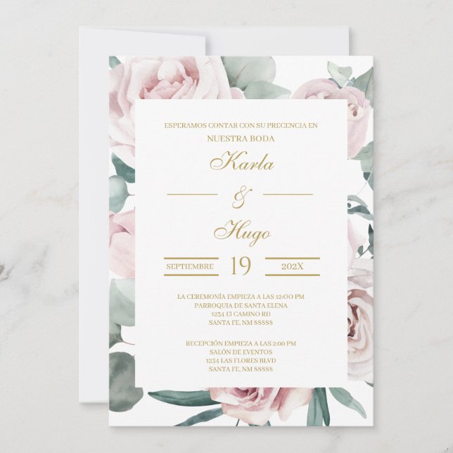 Greenery and Gold Spanish Wedding Invitation (Front)