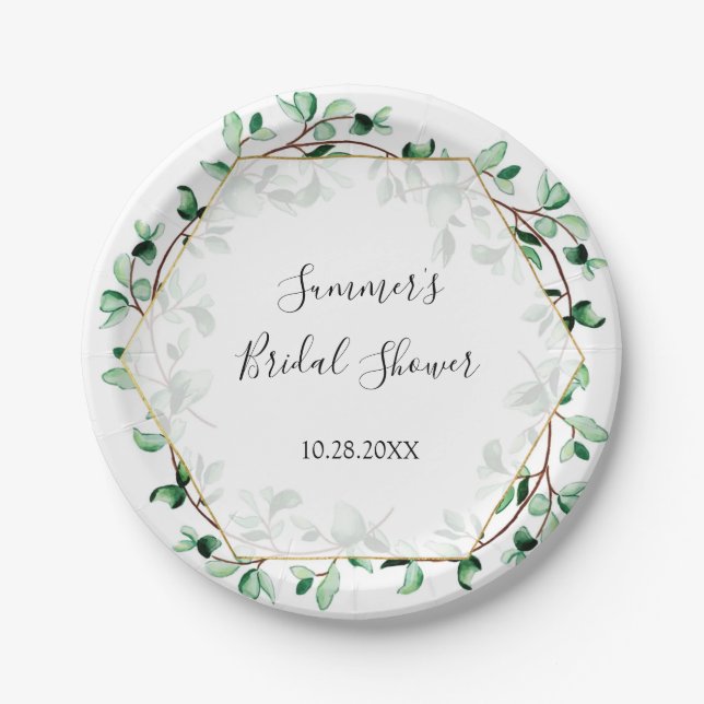 Greenery and Gold Textures Bridal Shower | Wedding Paper Plate (Front)