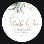 Greenery and Gold Thank You Classic Round Sticker<br><div class="desc">Eucalyptus greenery stickers</div>