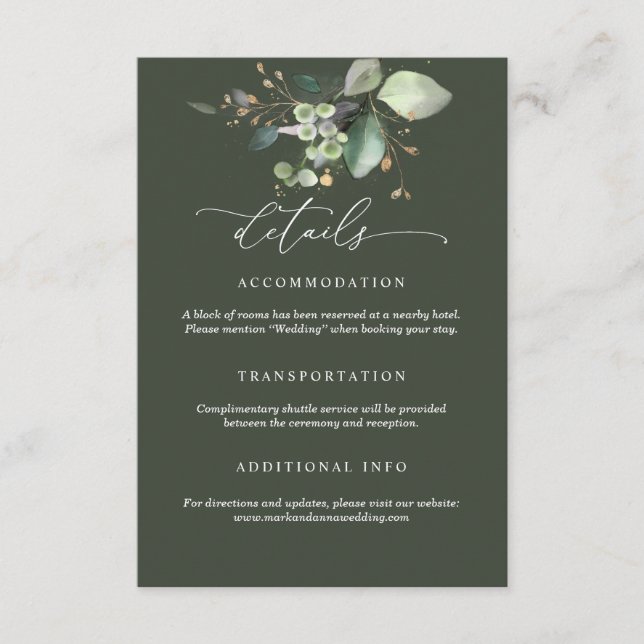 Greenery and Gold Wedding Details Card (Front)