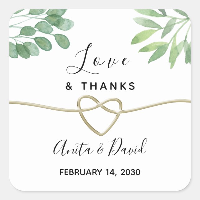 Greenery and Gold Wedding Favour Square Sticker (Front)