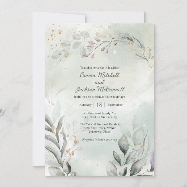 Greenery and Gold Wedding Invitation (Front)