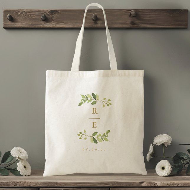Greenery and Gold Wedding Monogram Tote Bag (Creator Uploaded)