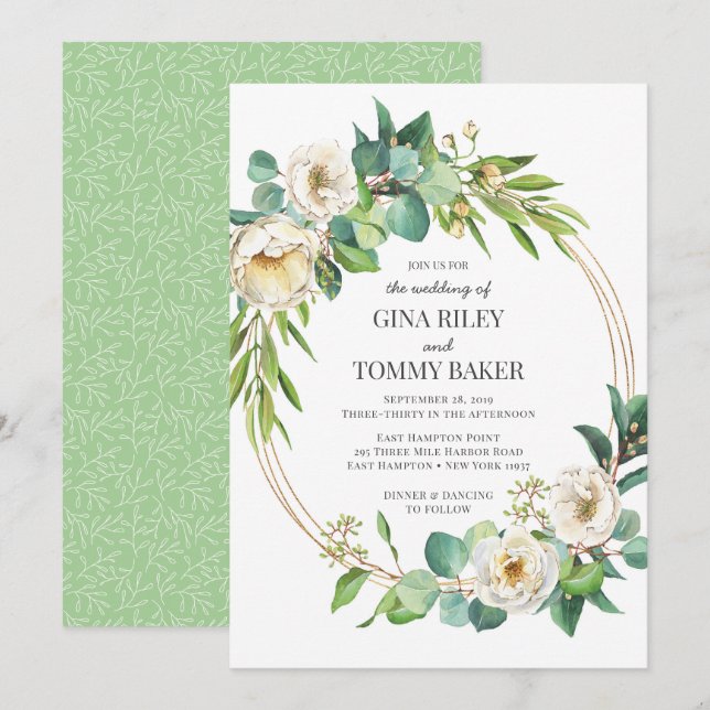 Greenery and Gold White floral Wedding invitation (Front/Back)