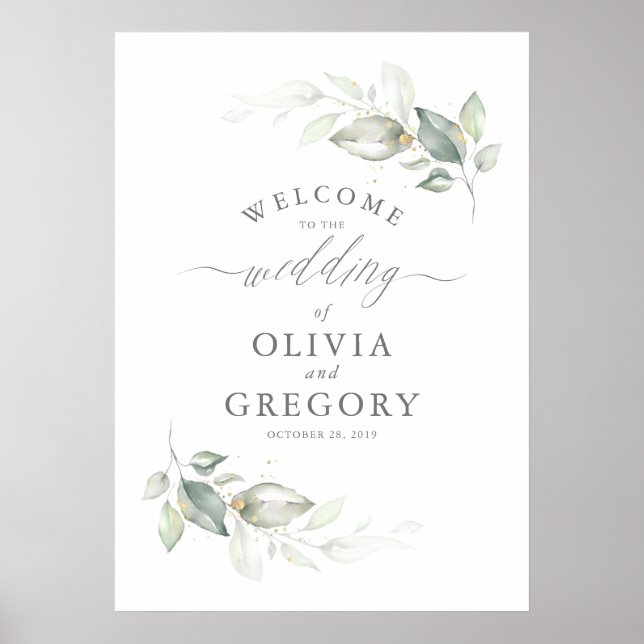 Greenery and Gold Wreath Elegant Wedding Welcome Poster (Front)