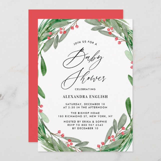 Greenery and Holly Wreath Winter Baby Shower Invitation (Front/Back)