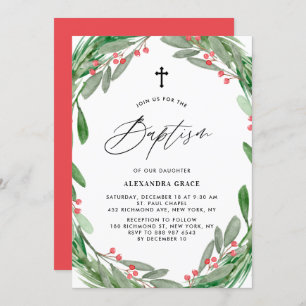 Greenery and Holly Wreath Winter Baptism Invitation