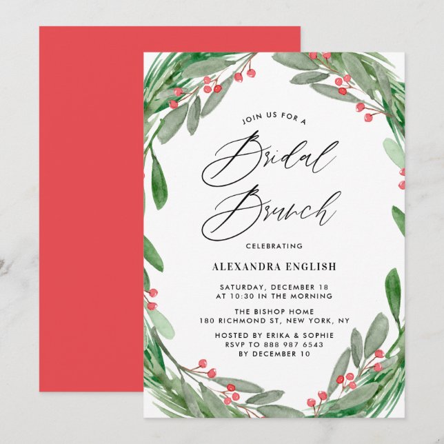 Greenery and Holly Wreath Winter Bridal Brunch Invitation (Front/Back)