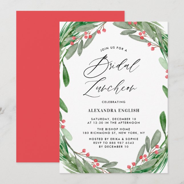 Greenery and Holly Wreath Winter Bridal Luncheon Invitation (Front/Back)