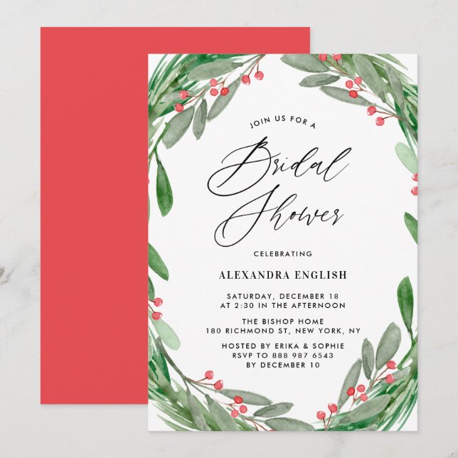 Greenery and Holly Wreath Winter Bridal Shower Invitation (Front/Back)