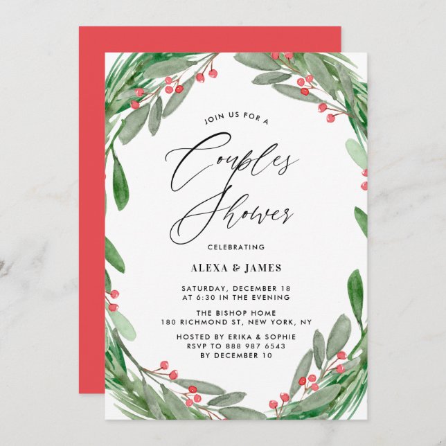 Greenery and Holly Wreath Winter Couples Shower Invitation (Front/Back)
