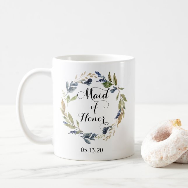 Greenery and Navy Leaves Wreath Maid of Honour Coffee Mug (With Donut)