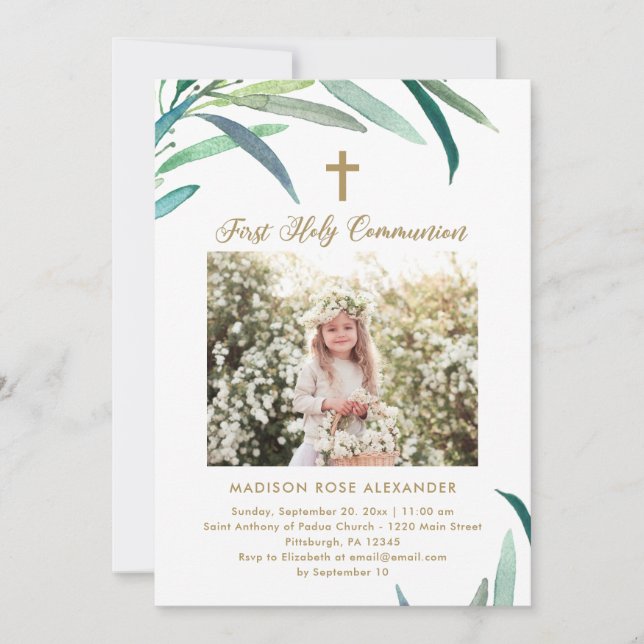 Greenery and Photo First Holy Communion Invitation (Front)