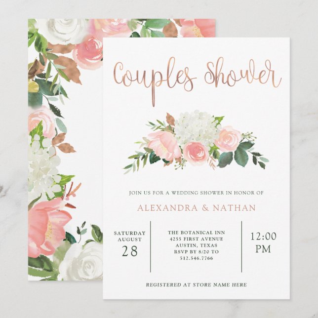 Greenery and Pink Floral | Couples Shower Invitation (Front/Back)
