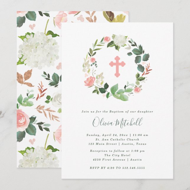 Greenery and Pink Floral Watercolor | Baptism Invitation (Front/Back)