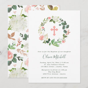 Greenery and Pink Floral Watercolor   Baptism Invitation