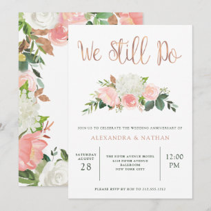 Greenery and Pink Floral   Wedding Anniversary Invitation