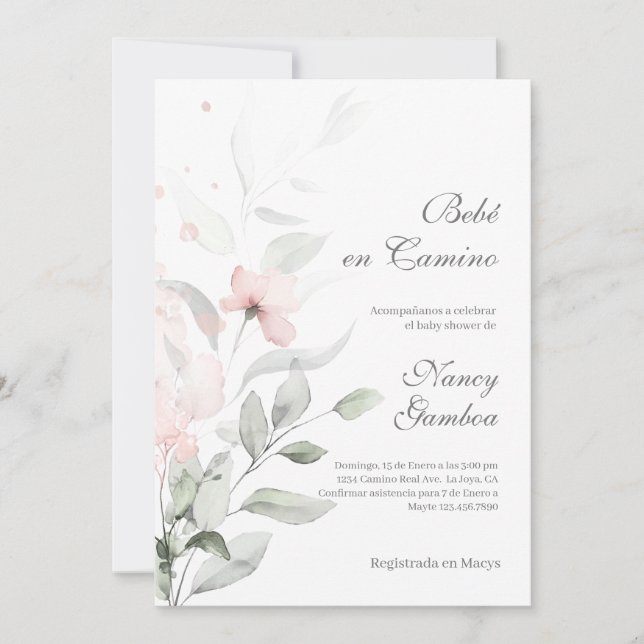 Greenery and pink flower baby shower invitation (Front)