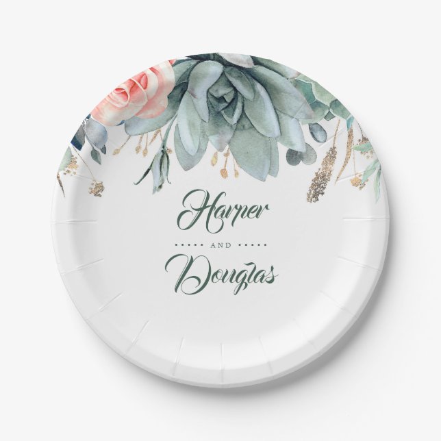 Greenery and Pink Rose Garden Wedding Paper Plate (Front)