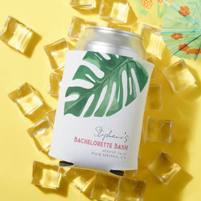 Greenery and Pink Tropical Monstera Bachelorette  Can Cooler (In Situ Summer)
