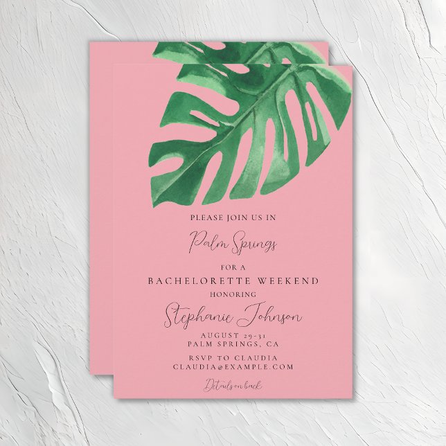 Greenery and Pink Tropical Monstera Bachelorette  Invitation (Creator Uploaded)