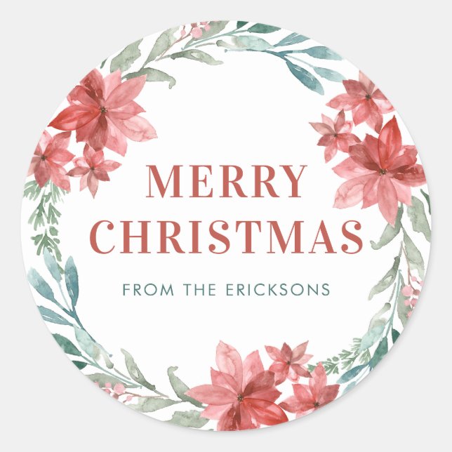 Greenery and Poinsettia Wreath Christmas Classic Round Sticker (Front)