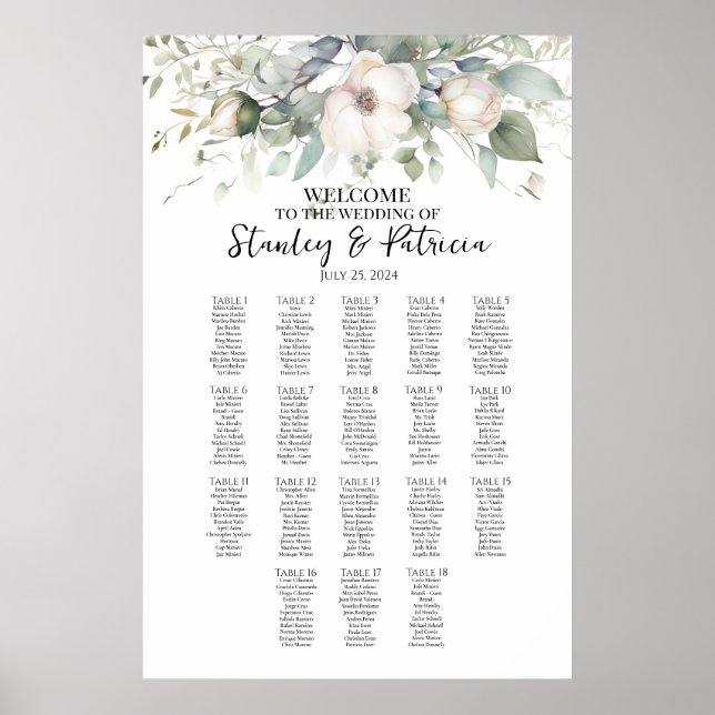 Greenery and roses wedding seating chart 18 tables (Front)