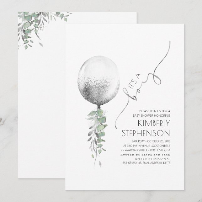 Greenery and Silver Glitter Balloon Baby Shower Invitation (Front/Back)