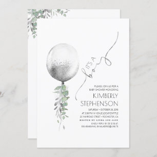 Greenery and Silver Glitter Balloon Baby Shower Invitation