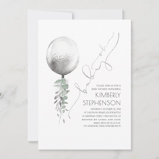 Greenery and Silver Glitter Balloon Oh Baby Shower Invitation (Front)