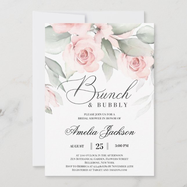 Greenery and soft pink floral bridal shower invitation (Front)